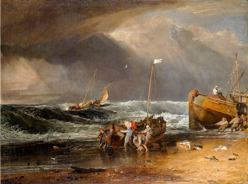 Una scena costiera con pescatori che trasportano una barca a terra - English Heritage Trust